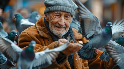 A man is feeding pigeons in the park