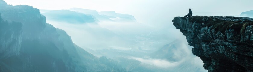 Naklejka premium mountain cliff overlooking a misty valley close up, focus on, copy space, striking visuals, Double exposure silhouette with Bauk