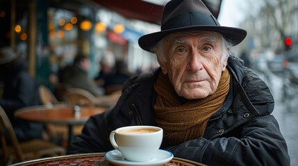An old man wearing a hat and scarf sits at a table with a cup of coffee