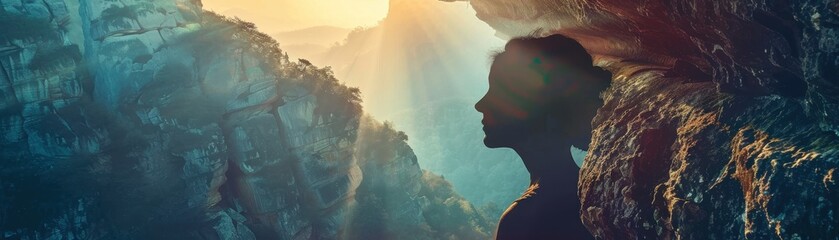 mountain cliff overlooking a shadowy valley close up, focus on, copy space, striking visuals, Double exposure silhouette with Medusa