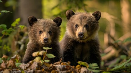 Fototapeta premium Two young brown bear cub in the fores. 