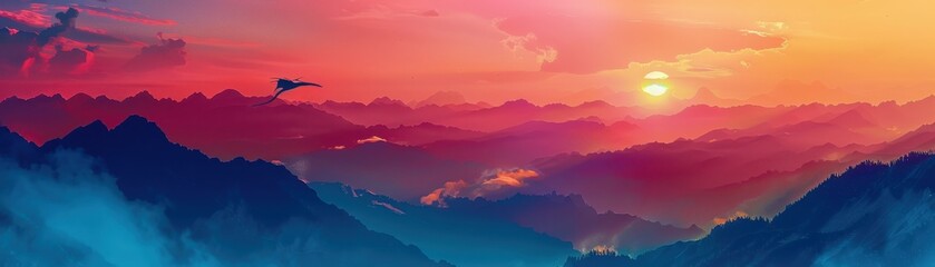 Obraz premium mountain landscape with a fiery sunset close up, focus on, copy space, vibrant colors, Double exposure silhouette with Dragon flying