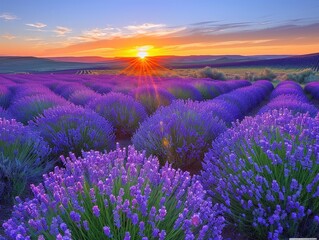 Obraz premium A field of lavender blooms in Provence, France, at sunset