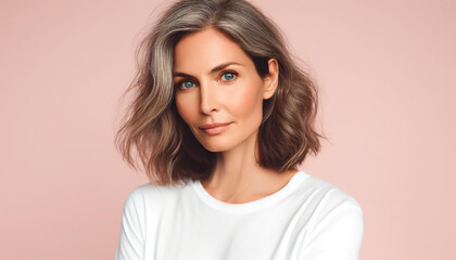 Fototapeta premium Portrait of a 40 year old woman with grey hair wearing a white t-shirt on a pink background.