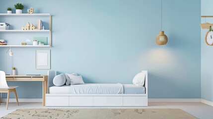 Modern minimalist bedroom with light blue walls, cozy daybed, wooden desk, and pendant light; perfect for a serene and stylish home interior.