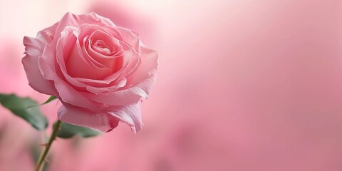 Obraz premium Close up of tender pink rose isolated on blurred pink background, romantic soft pink backgrounds, concept of love, romance wallpaper, for Valentine's Day, anniversary, gift, Christmas. 