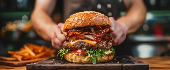 homemade big high burger tower stack with too many layers, kitchen background,