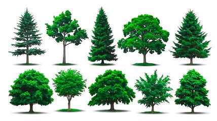 Fototapeta premium Collection of Common Tree Species on White Background Plain, Elm, Beech, and Linden Trees Isolated on White