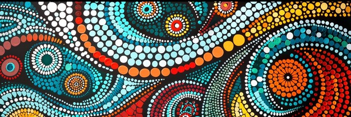 Fototapeta premium Aboriginal vibrant dotwork abstract background with circles, Austrilian style blue and yellow vibrant colorful ethnic style backgrounds.