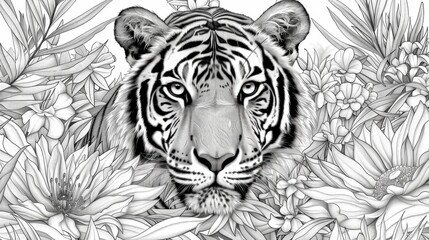 Embark on a coloring adventure with this intricate page featuring a majestic tiger surrounded by exotic flowers and foliage. The detailed patterns and textures offer hours of coloring fun and