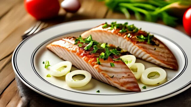  Deliciously grilled fish garnished with fresh herbs and served with pickled onions