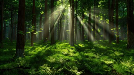 Fototapeta premium Sunlight Through Forest, Sun rays illuminating dense green forest, Serenity and Nature