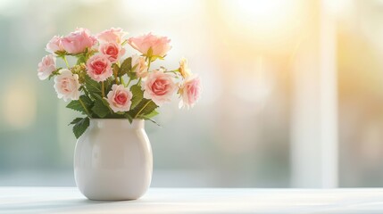Pink Roses in Vase, Beautiful bouquet of pink roses in white vase, Elegance and Simplicity