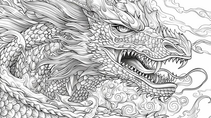 A fierce dragon breathes fire in this detailed coloring book illustration, with intricate patterns on its body and surrounding flames, inviting imaginative color choices. © MAY