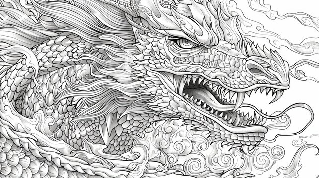 A fierce dragon breathes fire in this detailed coloring book illustration, with intricate patterns on its body and surrounding flames, inviting imaginative color choices.