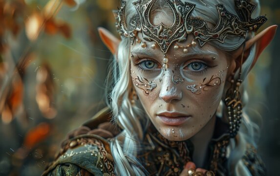 Enchanting elven queen portrait in a mystical forest with intricate headpiece and detailed face paint, capturing otherworldly elegance and fantasy.
