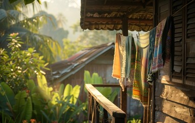 Sunlit view of a rustic wooden house with colorful towels drying on a railing, surrounded by lush green foliage in a serene tropical setting.