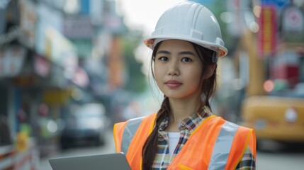 Asian female supervisor engineer standing at road construction site Wearing a white hard hat and reflective vest, carrying a laptop.