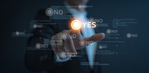 yes sign ,responded to the survey. The client using hand choose happy face smile icon. Depicts that customer is very satisfied. Service experience and satisfaction in businesses look.