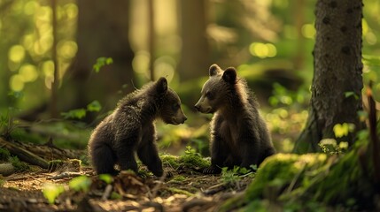 Fototapeta premium Two young brown bear cub in the fores. 