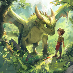 Dragon and Boy in a Lush Forest. generative ai illustration.