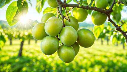 Close-up view of fresh green plums hanging on the tree branch - Generative AI