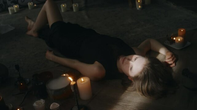 Hight angle full shot of young Caucasian witch in black dress lying on wooden floor among burning candles and opening eyes while performing dark rituals at home