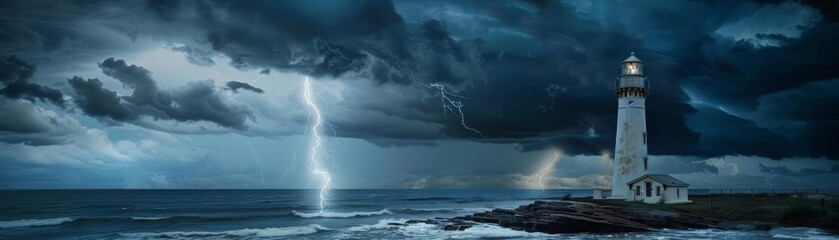 Lighthouse against a backdrop of stormy seas and lightning, dark sky, stormy landscape, dramatic coastal scene