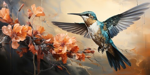 Fototapeta premium AI Generated. AI Generative. SMall little calibri hummingbird bird fauna drawing painting sketch oil watercolor art decoration on color