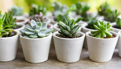 Obraz premium Green succulents in tiny cement ceramic containers. Plants in pots. Miniature garden. Close-up.