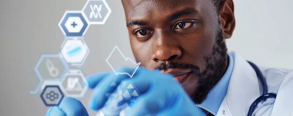Close-up of a doctor using advanced technology with digital medical icons