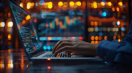 Hands typing on laptop with data analytics on screen in a modern office setting
