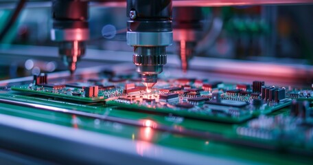 Close-up of automated circuit board manufacturing with advanced robotics