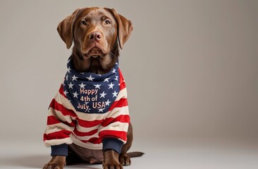 Cute brown Labrador Retriever wearing American flag bandana looking at camera