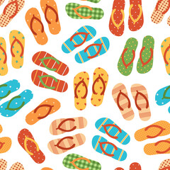 Seamless pattern with flip flops. Colored slippers with different ornaments on white background. Beach sandals. Vector flat illustration