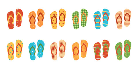 Set of colored flip flops with different patterns. Slippers collection for vacation. Beach sandals. Vector flat illustration isolated on white background