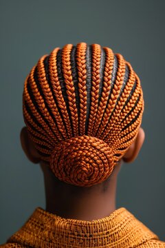 Woman having her hair braided into intricate cornrows, cornrow braids, protective hairstyle