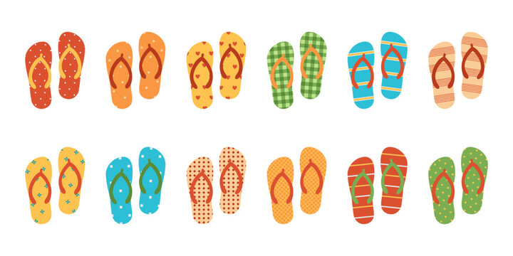 Set of colored flip flops with different patterns. Slippers collection for vacation. Beach sandals. Vector flat illustration isolated on white background