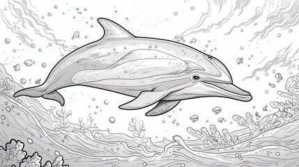 Fototapeta premium A serene coloring book page of a dolphin swimming peacefully under the moonlit ocean, with intricate details on the water and surrounding sea life, offering a relaxing and enjoyable coloring