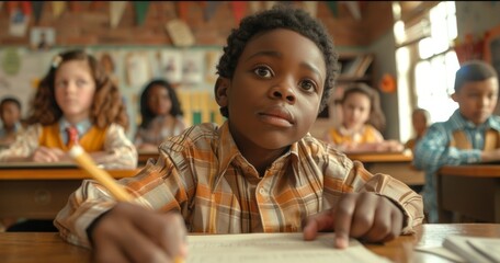 Focused boy writing in notebook in diverse classroom setting, surrounded by classmates