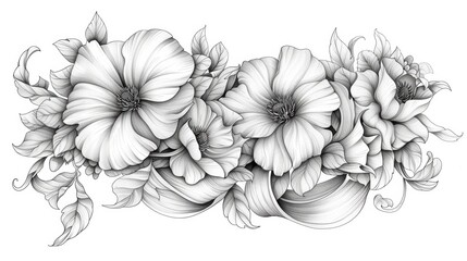 This coloring book page showcases a beautiful ribbon intertwined with flowers and leaves, providing a charming and relaxing coloring activity.