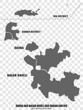 Blank map Dadra and Nagar Haveli and Daman and Diu districts of India. High quality map of Dadra and Nagar Haveli and Daman and Diu on transparent background for your web site design, logo, app, UI. U