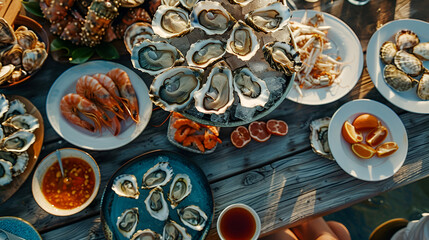 Seafood and oysters on the table