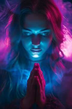 Woman praying and contemplating. Peace of mind concept. Thankfulness. Unique neon fantasy ethereal background. Portrait of Teen girl in prayer. Shikantaza - Just sitting, a form of meditation.