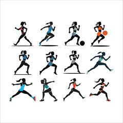Female fitness, sports and gym isolated silhouette vector template