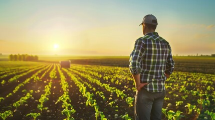 Fototapeta premium Plaid-shirted farmer stands amid thriving crops, golden sunset hues over vast farmland. 