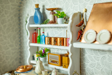 retro-style miniature dollhouse scale kitchen roombox with handcrafted furniture, dishes and utensils, miniature enthusiasts