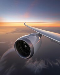 Fototapeta premium Close-up of an airplane engine with sunset clouds in the background