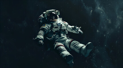 Fototapeta premium Portrait of astronaut floating in space. dark background