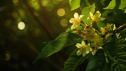 Mango blossoms shine in sunlight against dark tree backdrop